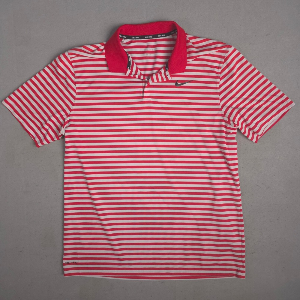 Nike Golf Dri Fit‎ Red White Striped Polo Shirt Mens Large Activewear